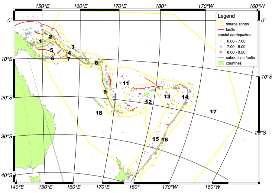 Figure X. Input sources that model active crustal seismicity in the Pacific Islands. Yellow polygons bound the source zones, and encompass 0.1°-spaced grids of point sources. Red lines are active faults. Grey circles show crustal seismicity *M*>6 since 1900, scaled by magnitude.